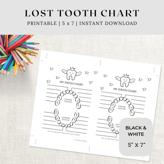Printable Lost Tooth Chart - Black & White 5x7
