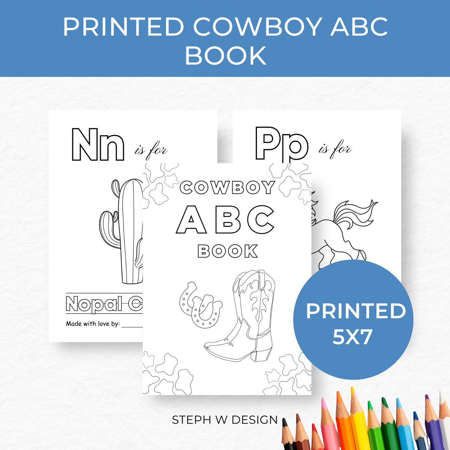 Printed 5x7 Cowboy Baby Shower ABC Coloring Book, Baby's First ABC Book