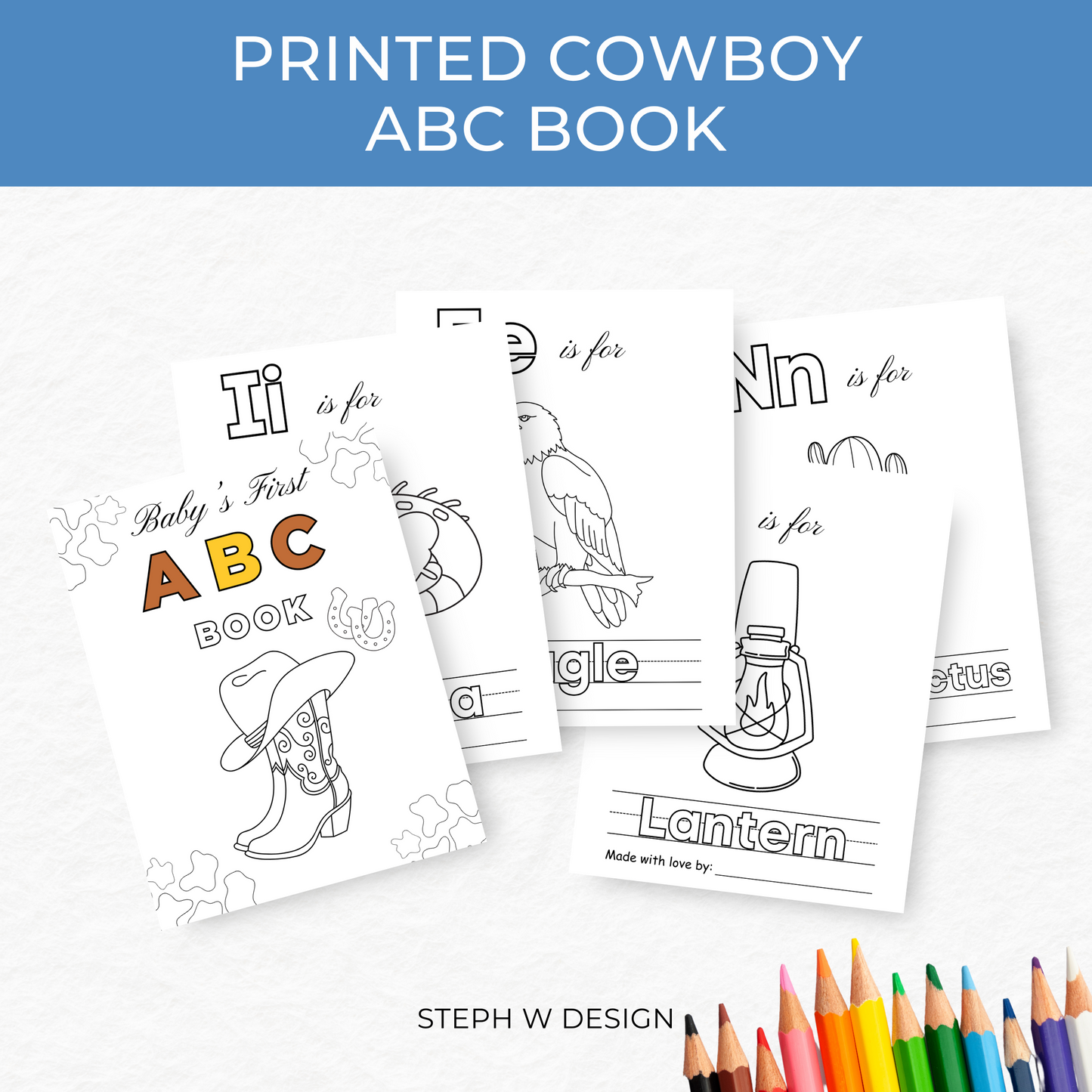 Printed 5x7 Cowboy Baby Shower ABC Coloring Book, Baby's First ABC Book
