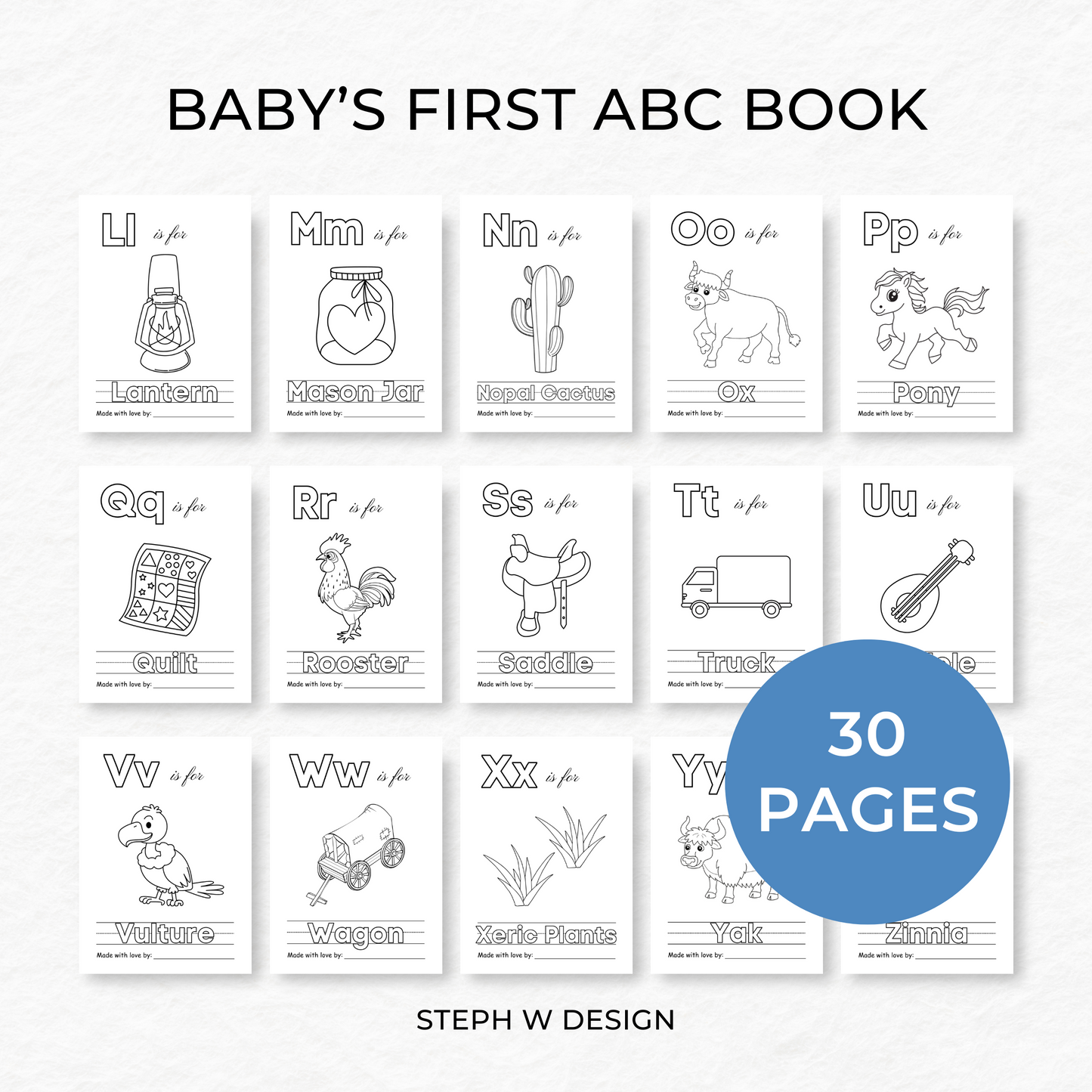 Printed 5x7 Cowboy Baby Shower ABC Coloring Book, Baby's First ABC Book