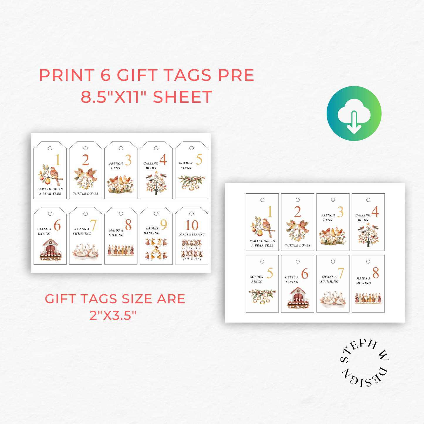 12 Days of Christmas Gift Tags - Digital Download