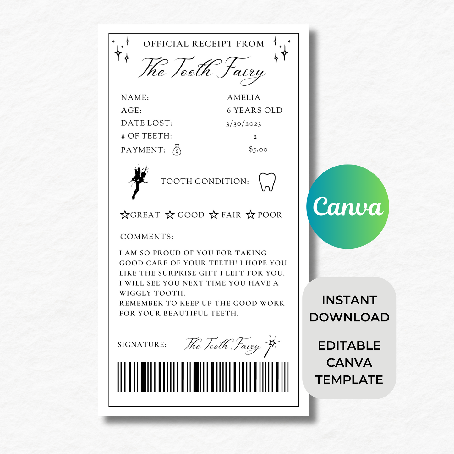 Editable Tooth Fairy Receipt - Tooth Fairy Note - Black & White