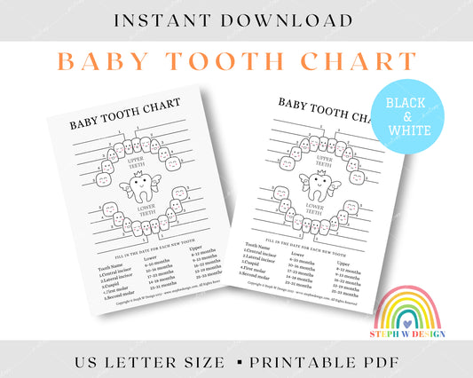 Printable Baby Tooth Chart - Black & White