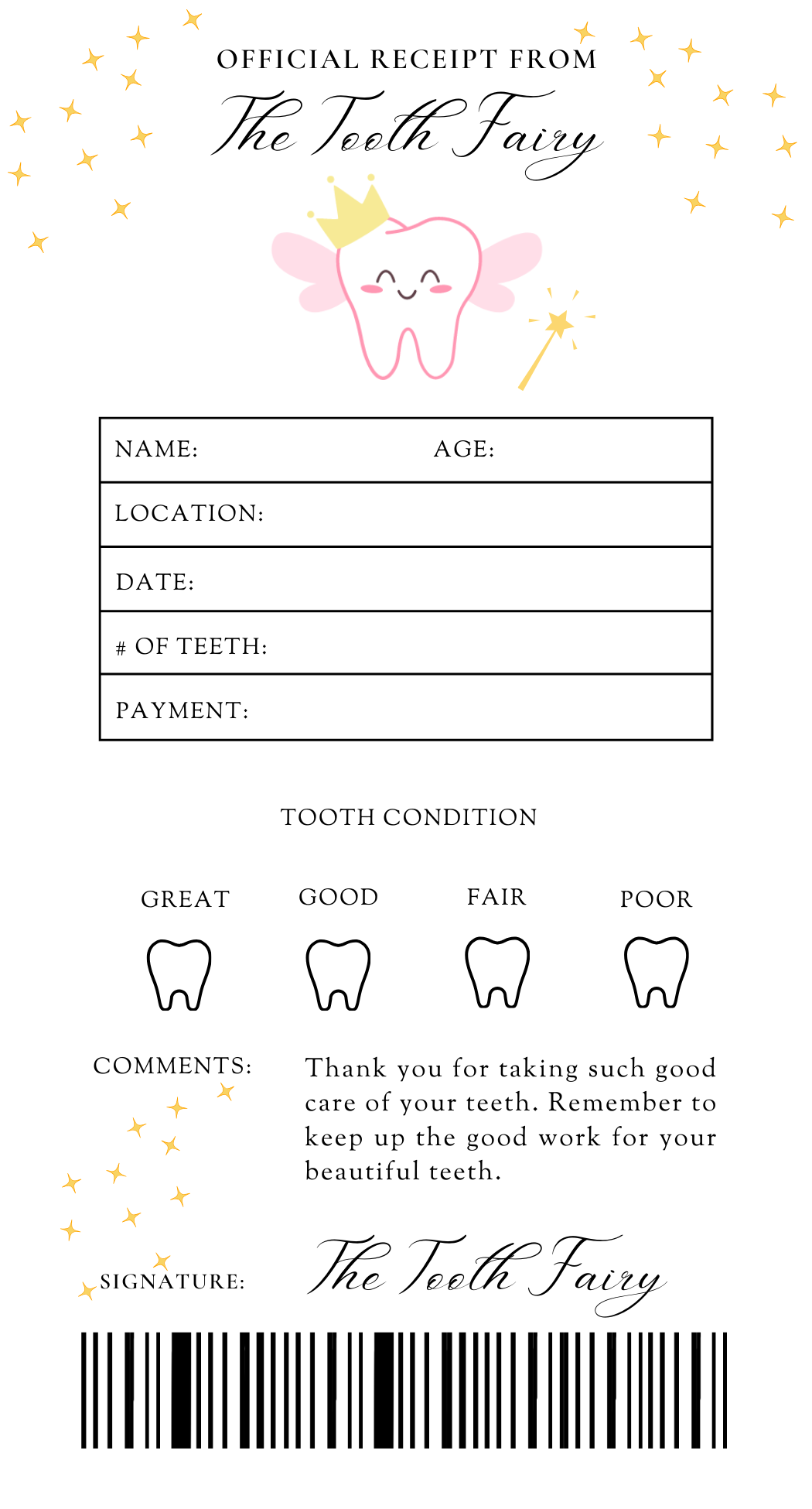 Editable Tooth Fairy Receipt - Pink Tooth Fairy Receipt