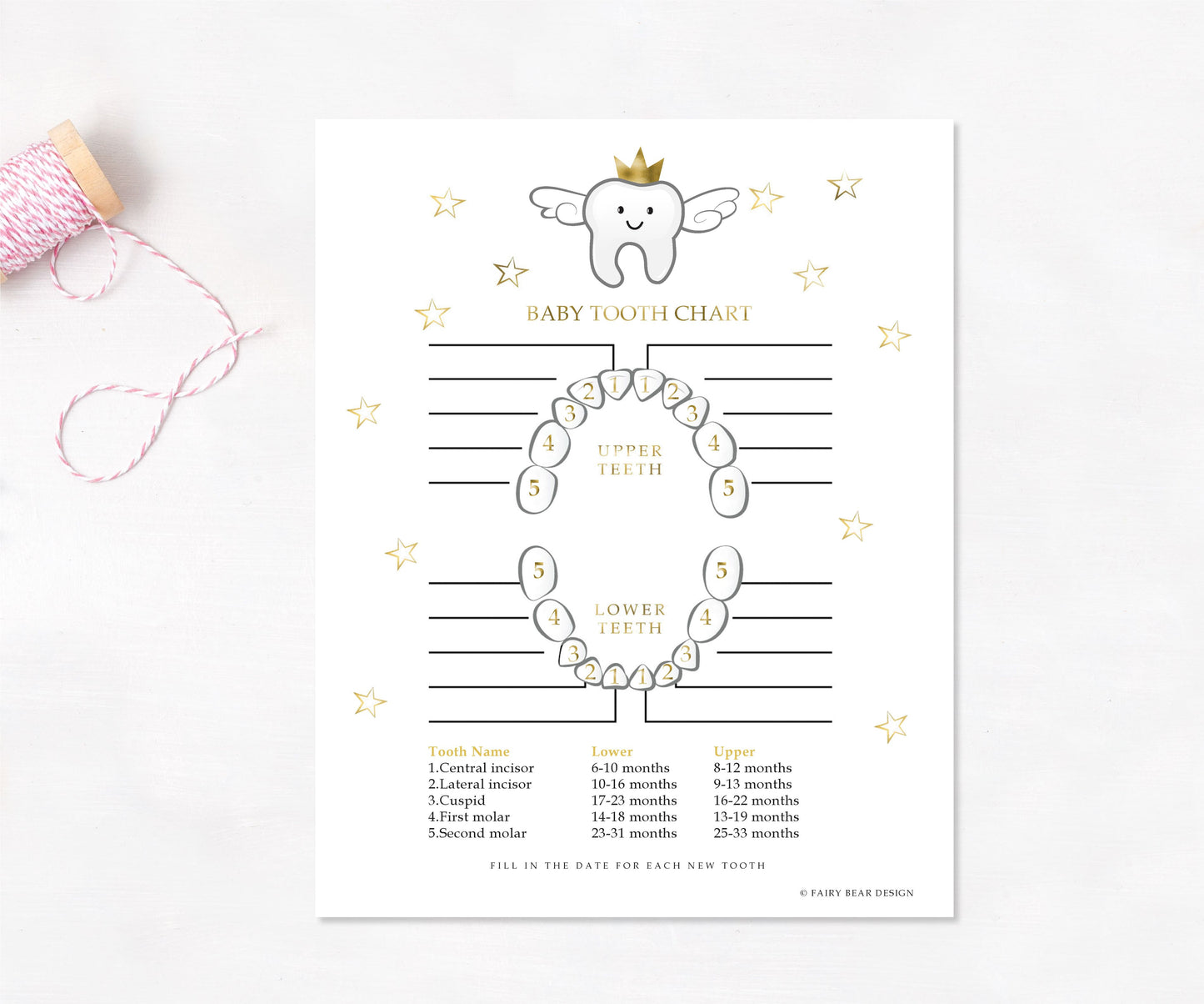 Printable Baby Tooth Chart - Gold 8x10