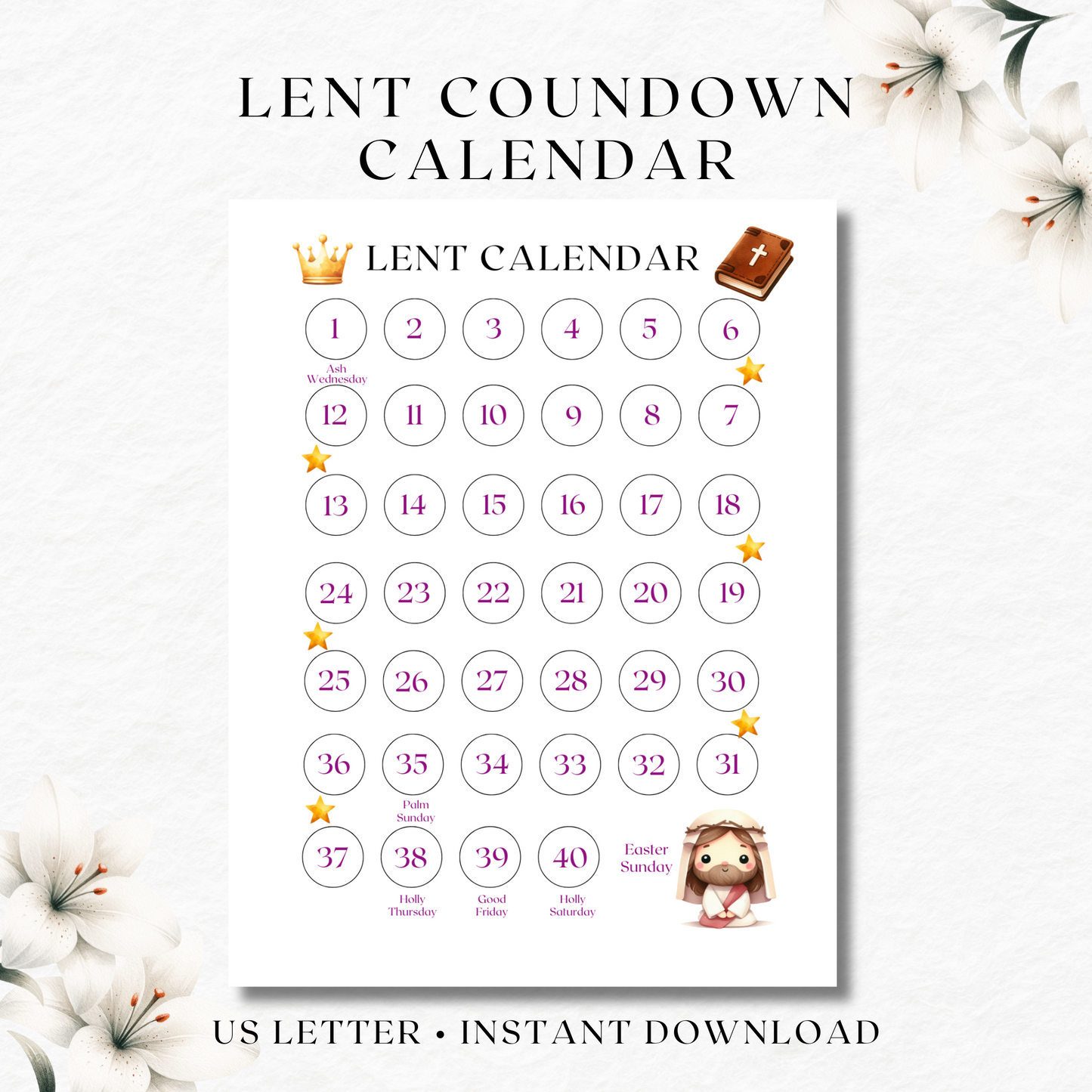 40 Days Lent Countdown Calendar for Kids - Kids Lent Calendar