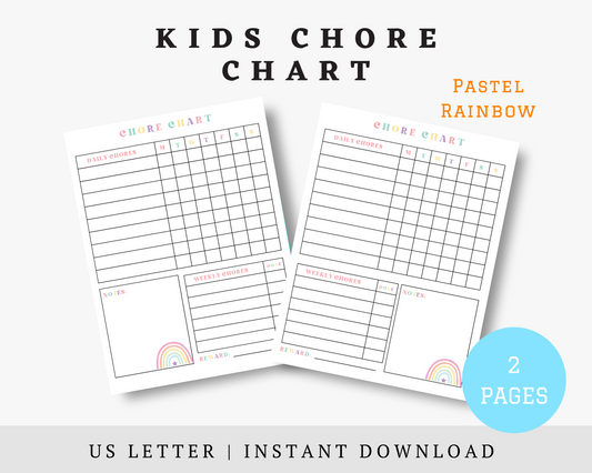 Printable weekly chore chart for kids - Pastel Rainbow