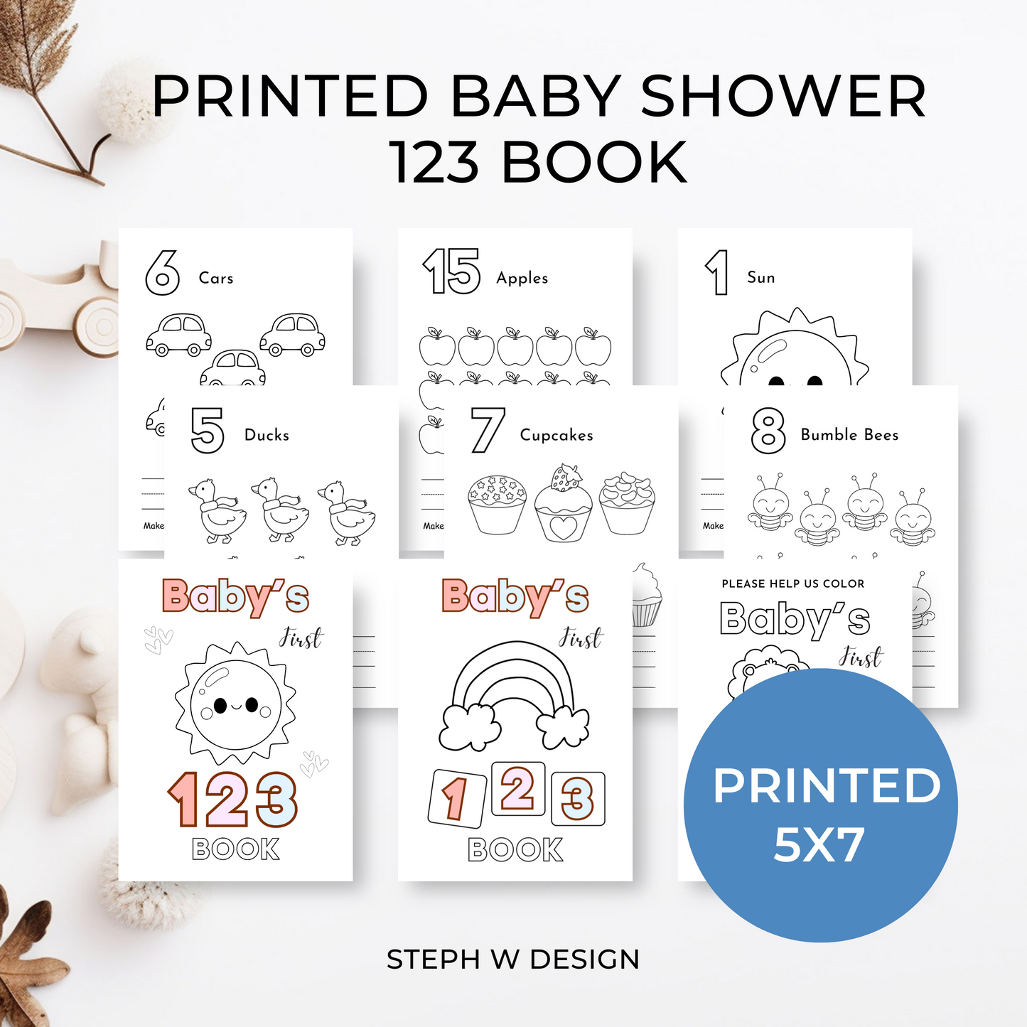 Baby Shower ABC & 123 Book Coloring Activity - Printed 5x7" Bundle