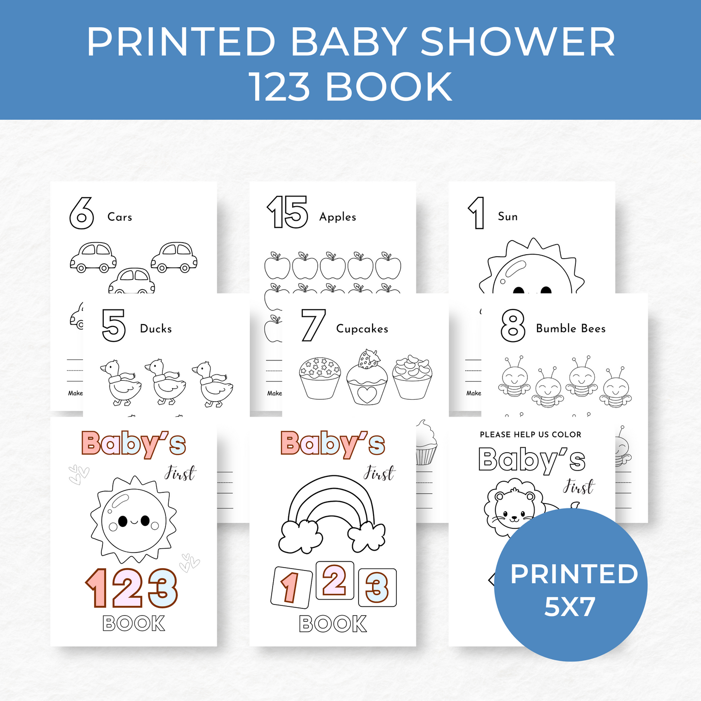 Baby Shower ABC & 123 Book Coloring Activity - Printed 5x7" Bundle