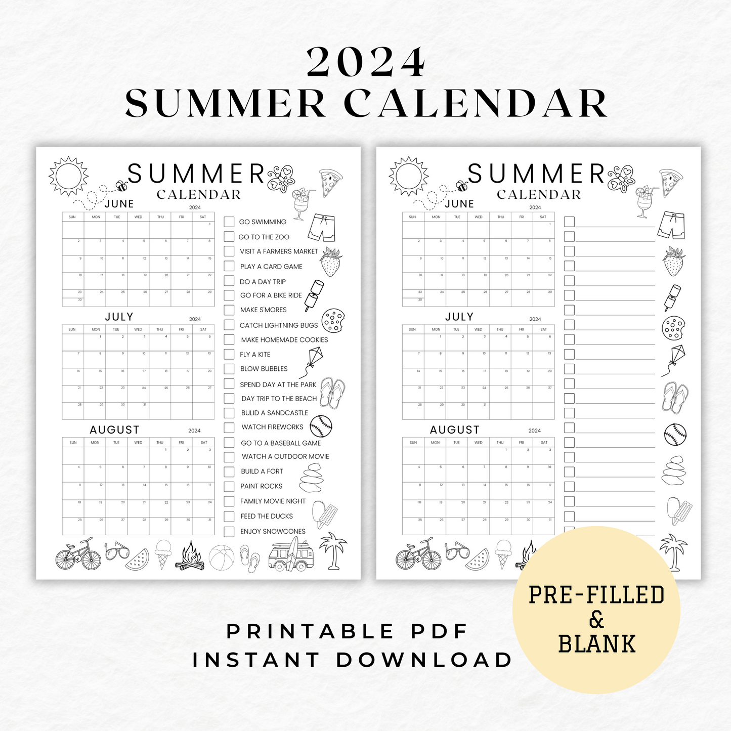 Summer Coloring Calendar 2024 - Kids Summer Schedule