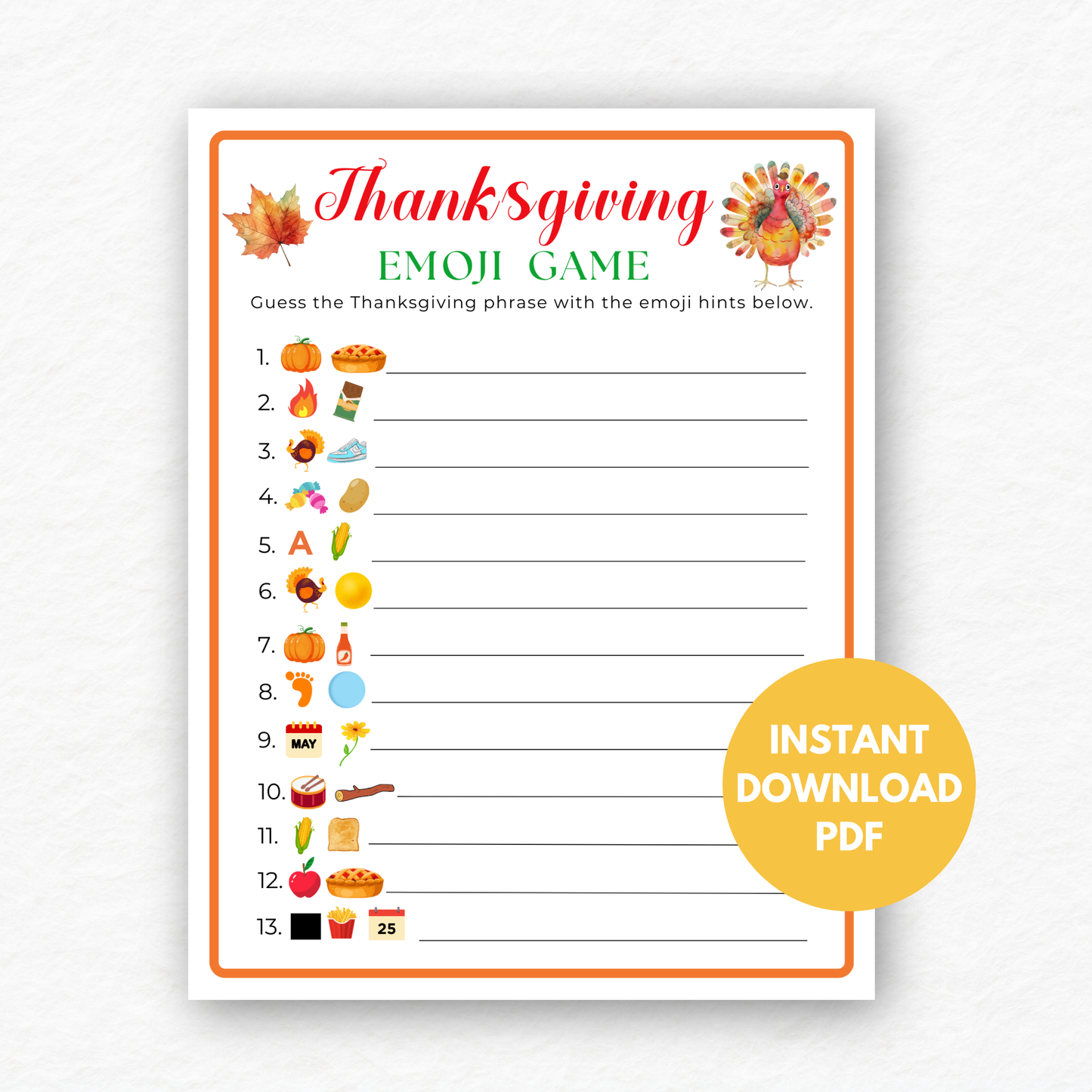 Thanksgiving Emoji Pictionary Game - Digital Download
