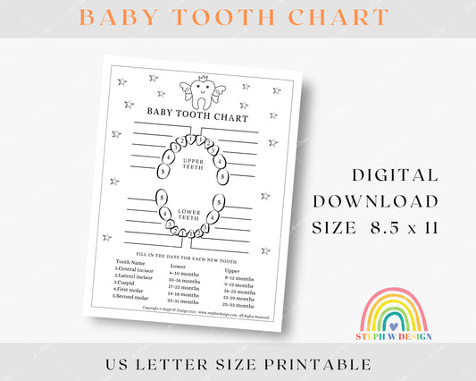 Printable Baby Tooth Chart - Black & White